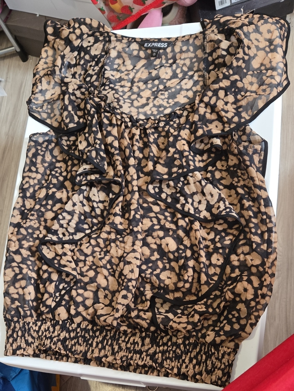 Express Y2K Ruffle Tank Top in Tan and Black Animal Print SIZE XS